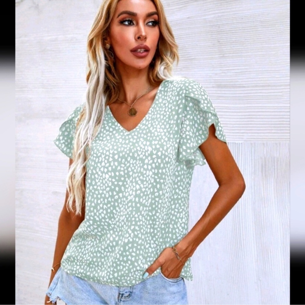 Shein Mint Green Animal Print V-Neck Flutter Sleeve Blouse Top Casual Womens L‎